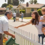 Neighbors chatting and laughing together across a fence in a friendly San Bernardino suburb
