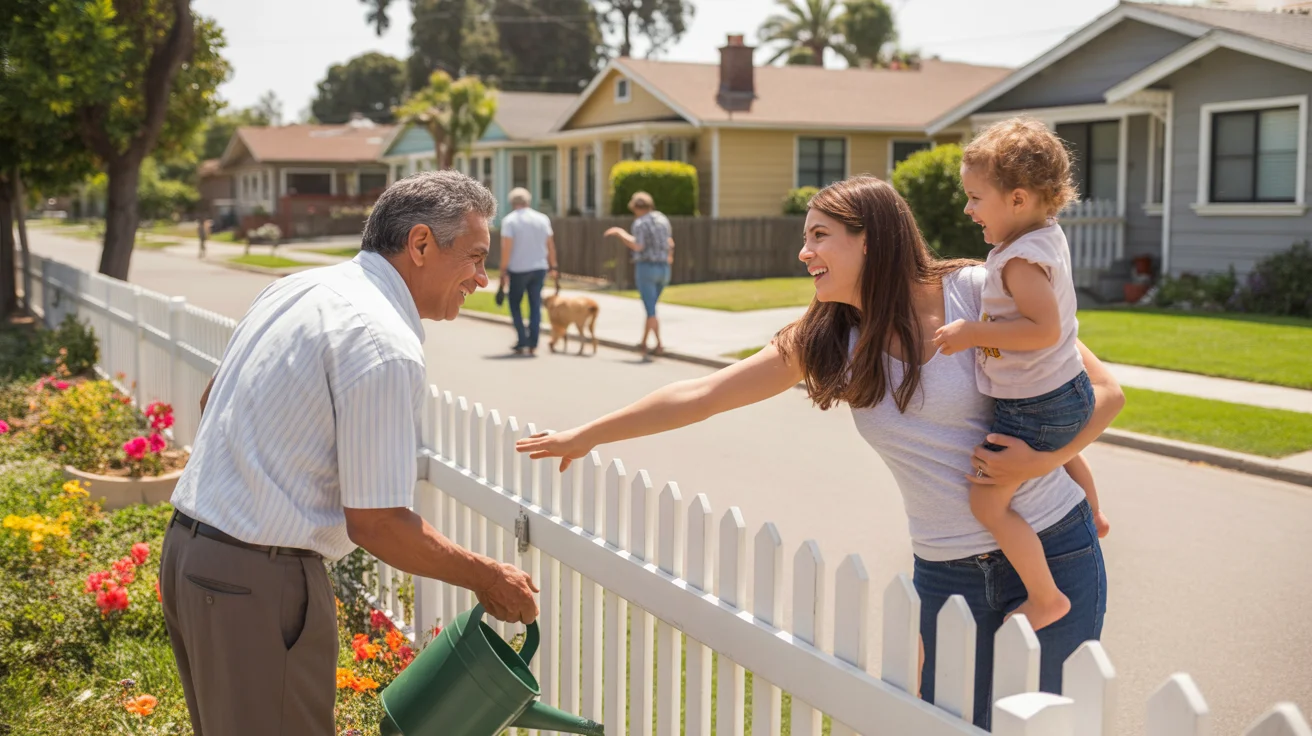 Neighbors chatting and laughing together across a fence in a friendly San Bernardino suburb