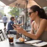 Woman sitting at cafe table in Charlotte, NC, smiling at her phone