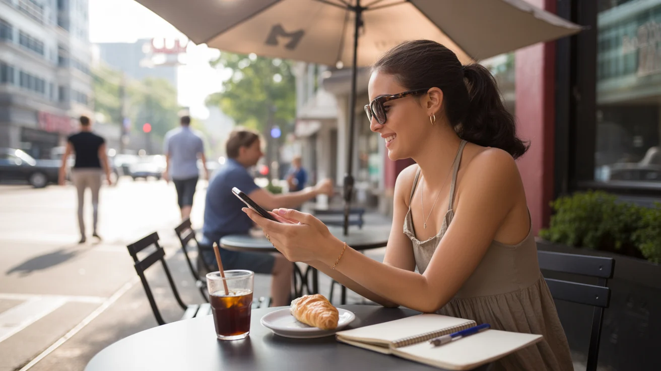 Woman sitting at cafe table in Charlotte, NC, smiling at her phone