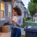 Woman considering lease or mortgage offer on townhome porch at dusk