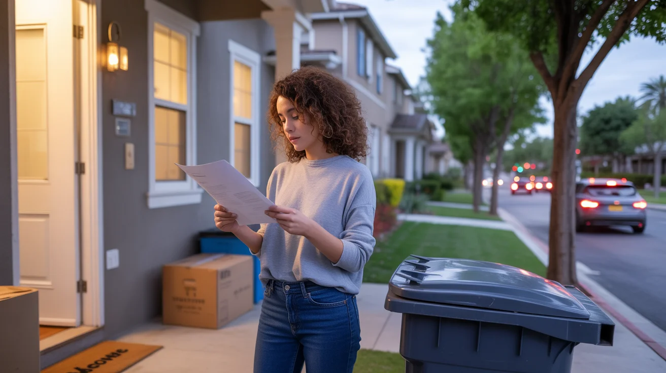Woman considering lease or mortgage offer on townhome porch at dusk