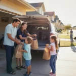 A family unloads groceries from their car into the garage of their San Marcos home at sunset.