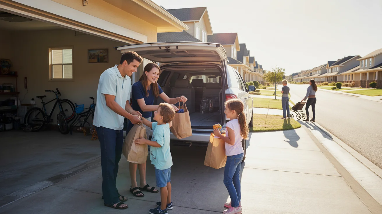 A family unloads groceries from their car into the garage of their San Marcos home at sunset.