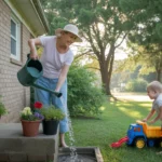 Grandmother waters plants on shaded porch while grandson plays in yard on summer morning in Monroe, NC