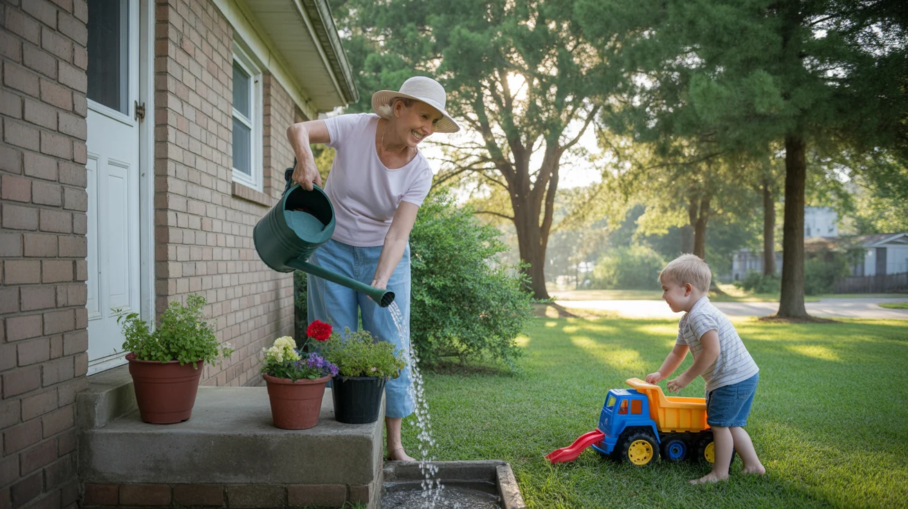 Grandmother waters plants on shaded porch while grandson plays in yard on summer morning in Monroe, NC