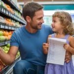 A dad teaches his young daughter how to compare unit prices while grocery shopping together in Centennial, CO.