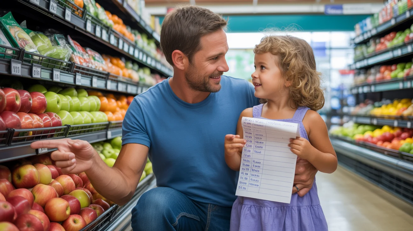 A dad teaches his young daughter how to compare unit prices while grocery shopping together in Centennial, CO.