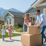Family moving into a new home in Sandy, Utah with mountains in the background