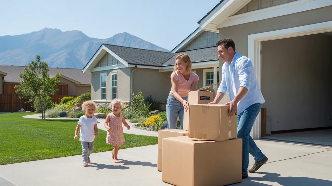 Family moving into a new home in Sandy, Utah with mountains in the background