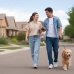 Couple walking dog on residential street in West Valley City, UT