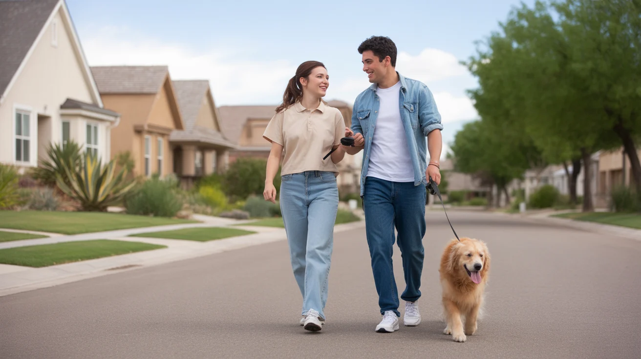 Couple walking dog on residential street in West Valley City, UT