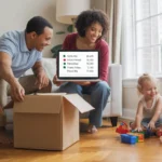 Family reviews cost of living comparison of Rock Hill vs previous city while unpacking in new home