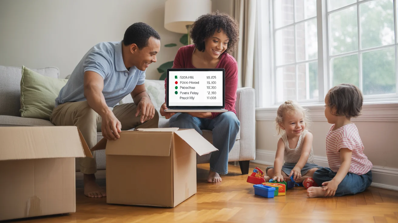 Family reviews cost of living comparison of Rock Hill vs previous city while unpacking in new home