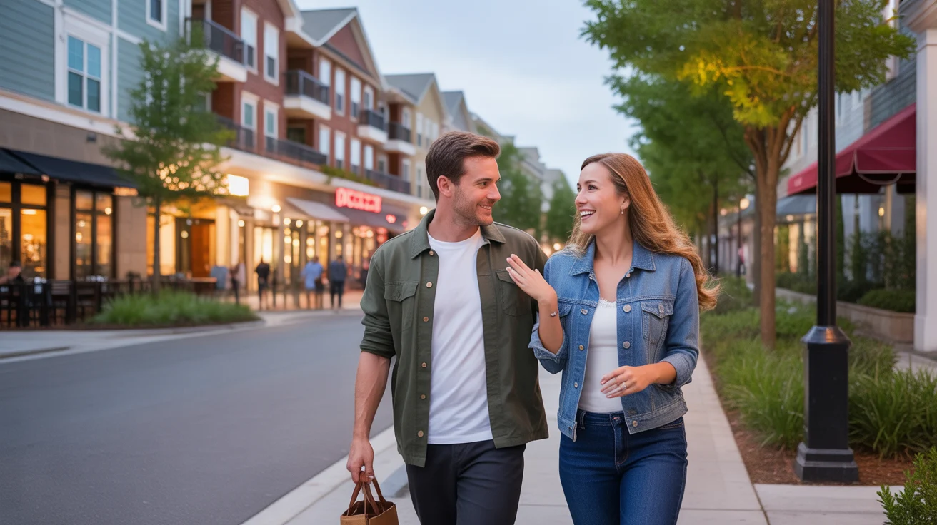Friends admire the walkable mixed-use neighborhood in Huntersville, NC