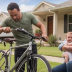 Man assembling bicycle on front lawn of new home in Round Rock, TX with wife and baby watching from porch