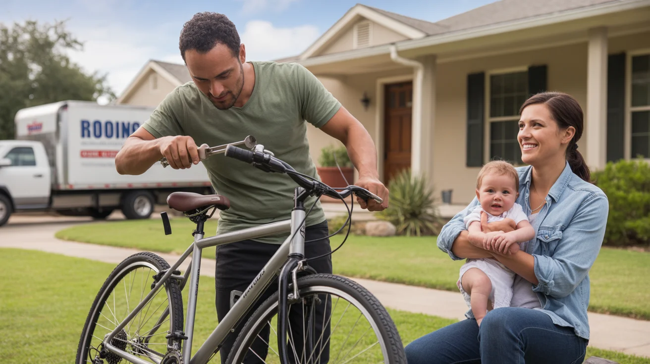 Man assembling bicycle on front lawn of new home in Round Rock, TX with wife and baby watching from porch