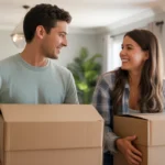 Couple unpacking in their new Paradise NV home, looking happy and content