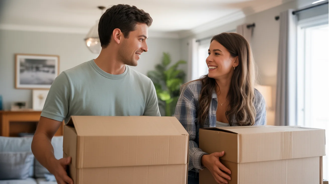 Couple unpacking in their new Paradise NV home, looking happy and content