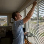 Man adjusting blinds in living room of Highlands Ranch home on summer day
