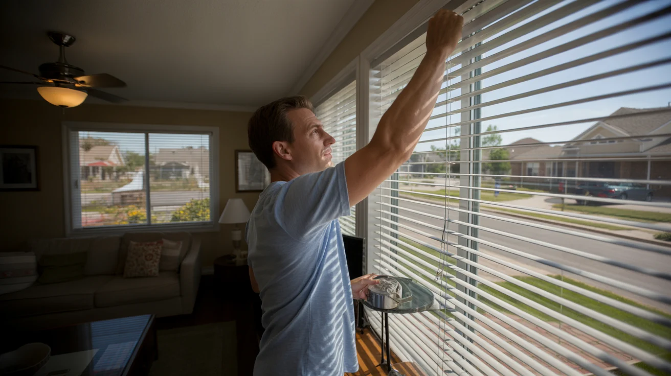 Man adjusting blinds in living room of Highlands Ranch home on summer day