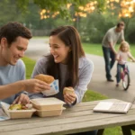 Couple enjoying takeout at park picnic table in Concord, NC