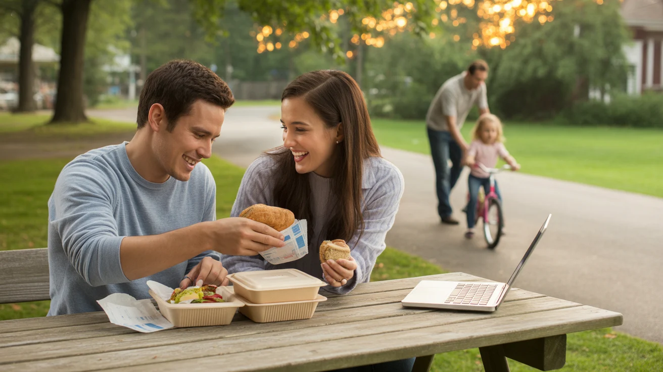 Couple enjoying takeout at park picnic table in Concord, NC