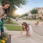 A mother waters flowers while her daughter plays outside their townhome in The Woodlands, TX at sunset.