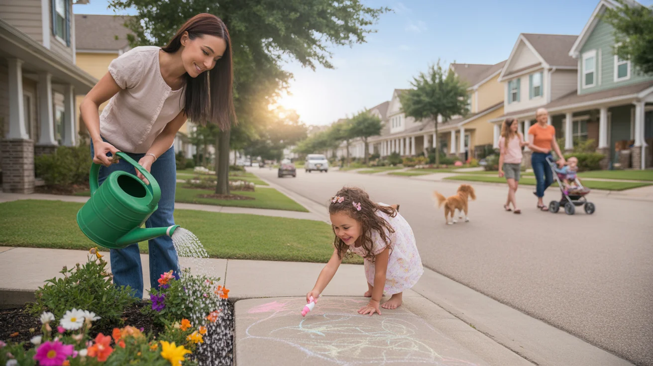 A mother waters flowers while her daughter plays outside their townhome in The Woodlands, TX at sunset.