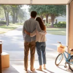 Couple surrounded by moving boxes in garage of new suburban home
