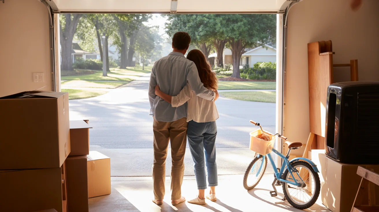 Couple surrounded by moving boxes in garage of new suburban home