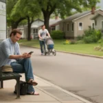 Man waiting at bus stop with bicycle in Boulder suburb