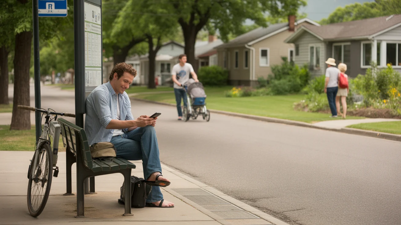 Man waiting at bus stop with bicycle in Boulder suburb