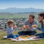 A family having a picnic on a hill with a view of Broomfield neighborhoods and the Rocky Mountains.