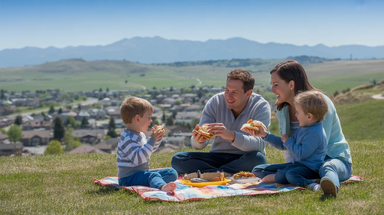 A family having a picnic on a hill with a view of Broomfield neighborhoods and the Rocky Mountains.