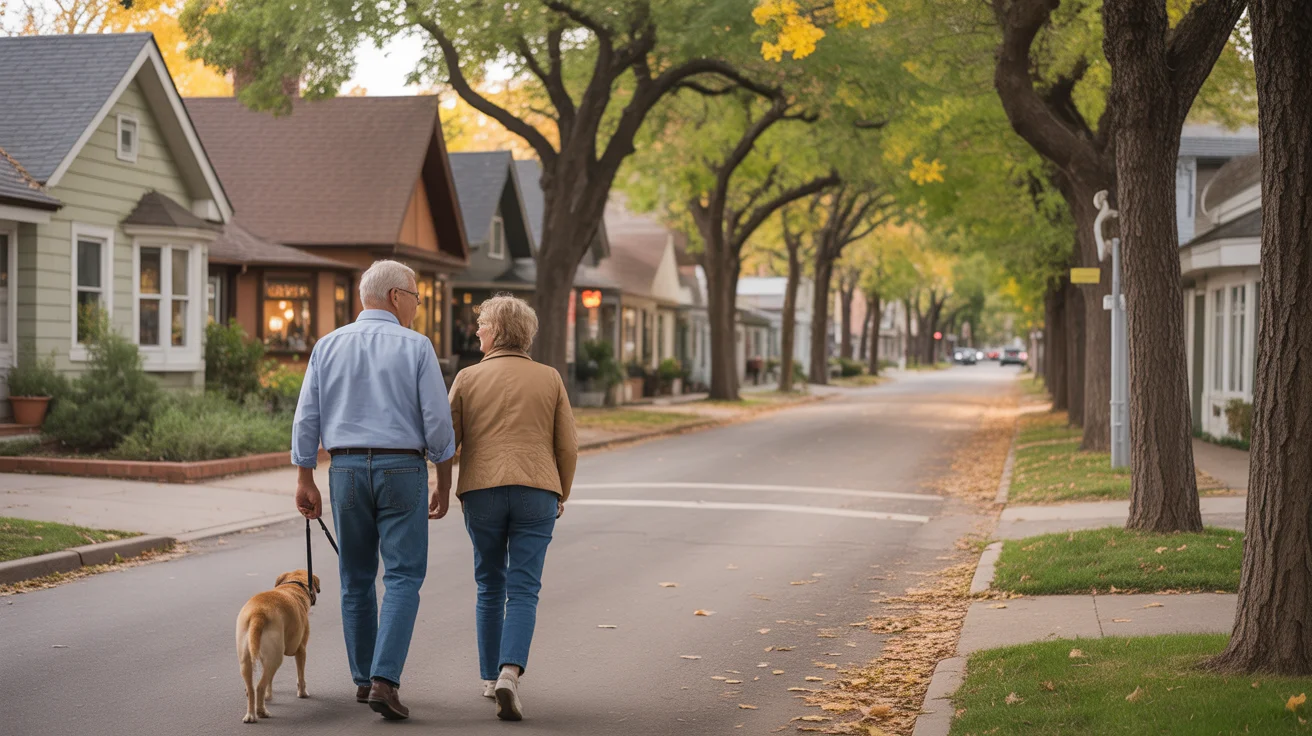 A couple walking their dog on a tree-lined residential street in Westminster at sunset.