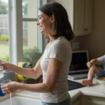 Woman pouring glass of water from kitchen sink faucet in Katy, TX home