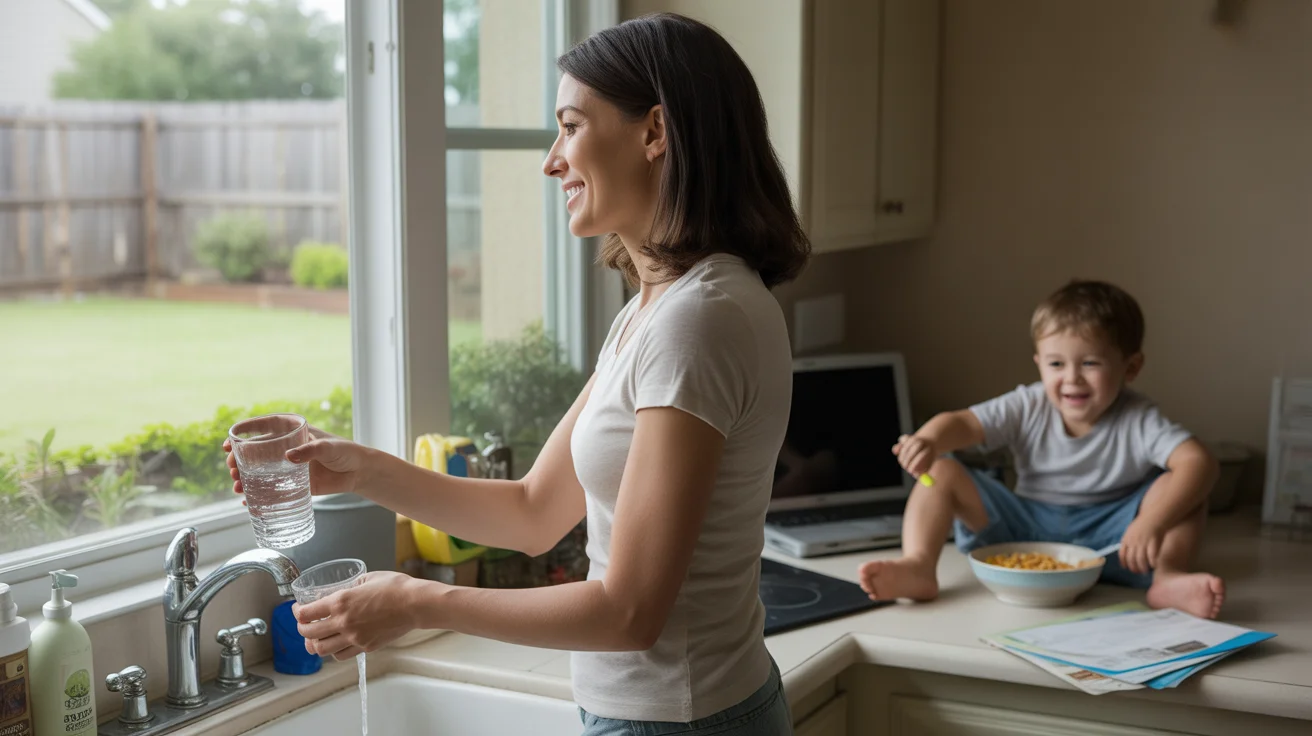 Woman pouring glass of water from kitchen sink faucet in Katy, TX home