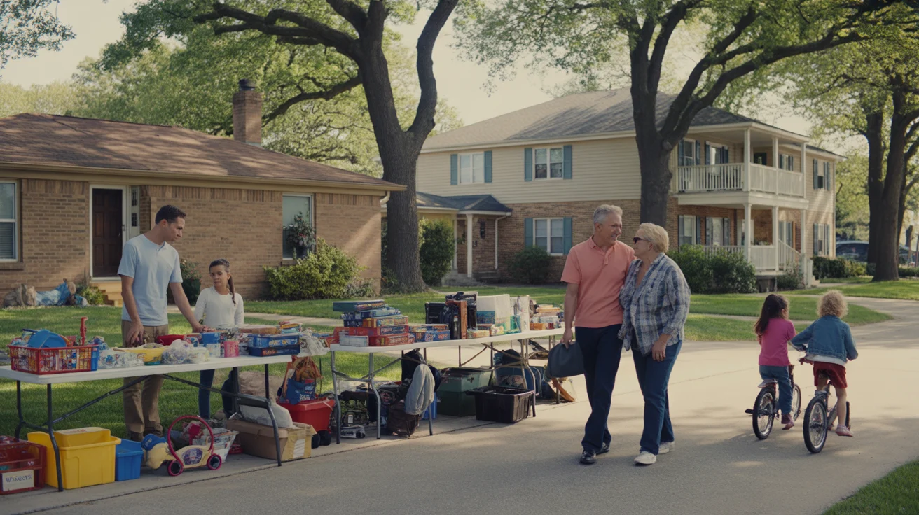 A garage sale stretches across two driveways in an Aurora neighborhood, contrasting a single-family home and a condo building.