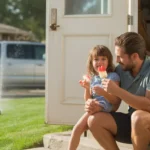 Father and daughter eat popsicles on front steps of Lehi home on hot summer day