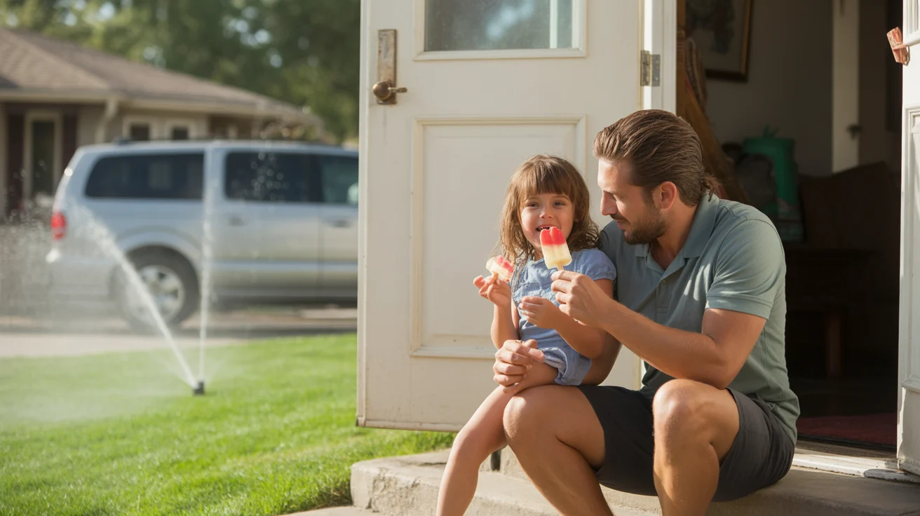 Father and daughter eat popsicles on front steps of Lehi home on hot summer day