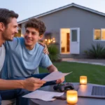 Father and teenage son reviewing a utility bill on back patio of their Fullerton home at dusk