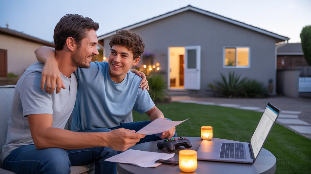 Father and teenage son reviewing a utility bill on back patio of their Fullerton home at dusk