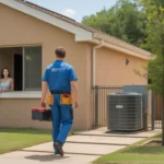 HVAC technician walking to repair air conditioner at home in Irving, Texas