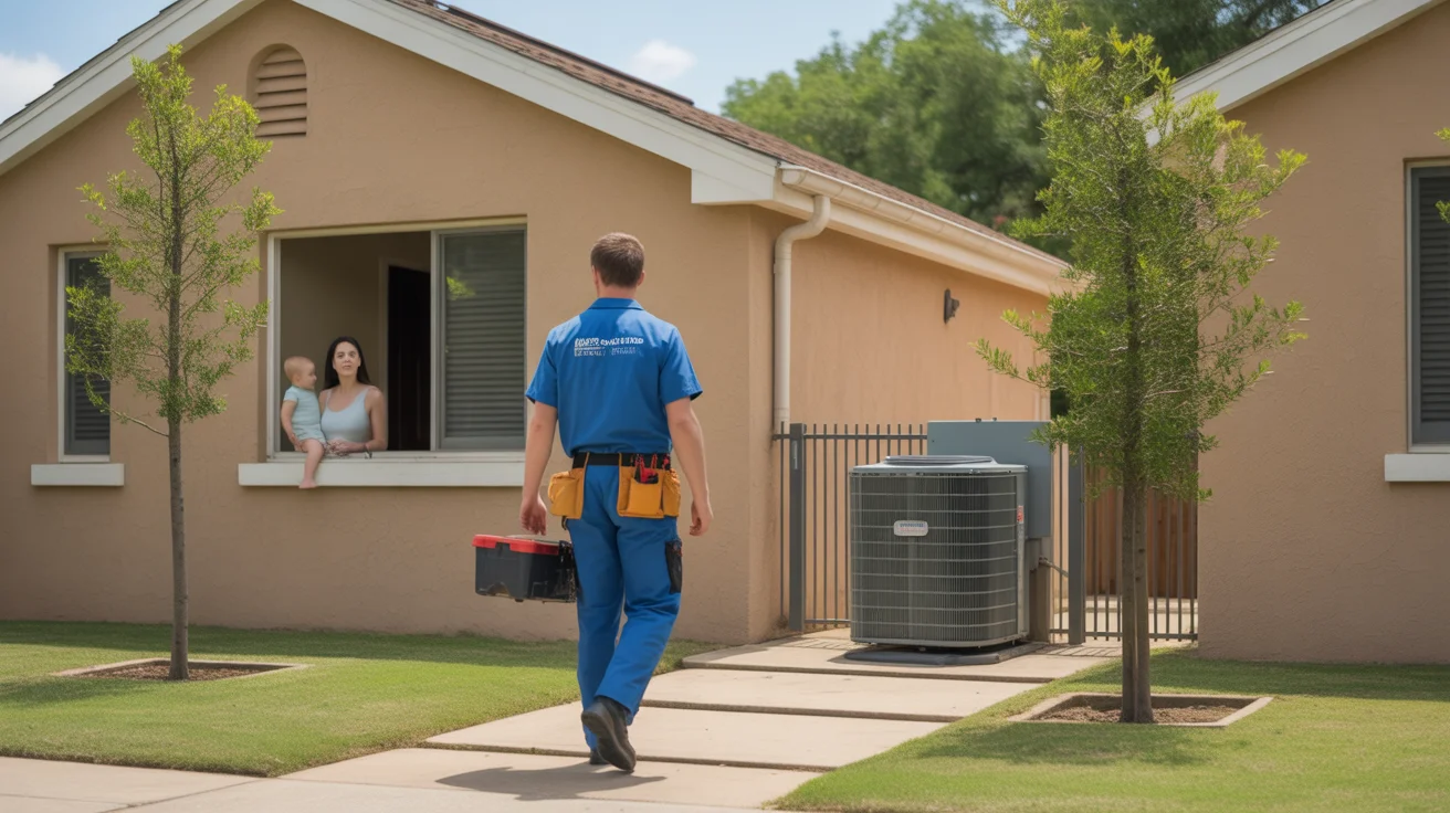 HVAC technician walking to repair air conditioner at home in Irving, Texas