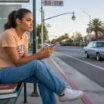 Student waiting for the bus at dusk in Orange, California