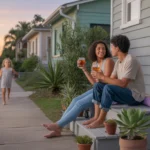 Couple relaxing on porch of Orlando bungalow at sunset