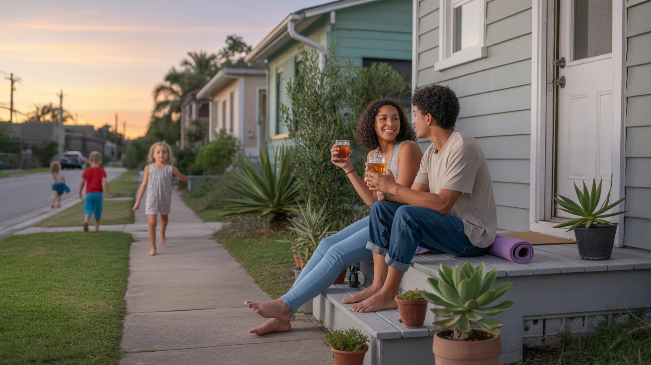 Couple relaxing on porch of Orlando bungalow at sunset