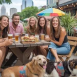 Friends enjoying coffee and conversation at an outdoor cafe in Charlotte, NC with dogs resting nearby