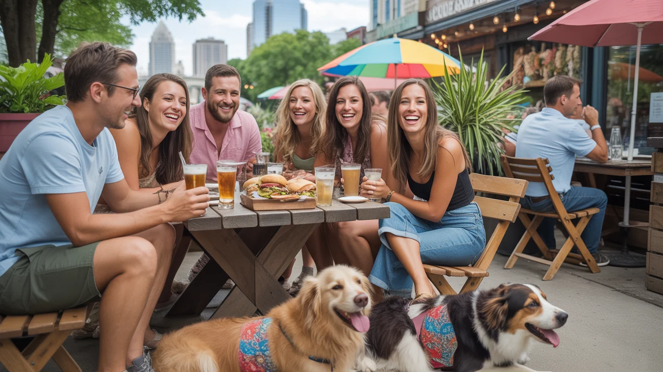 Friends enjoying coffee and conversation at an outdoor cafe in Charlotte, NC with dogs resting nearby
